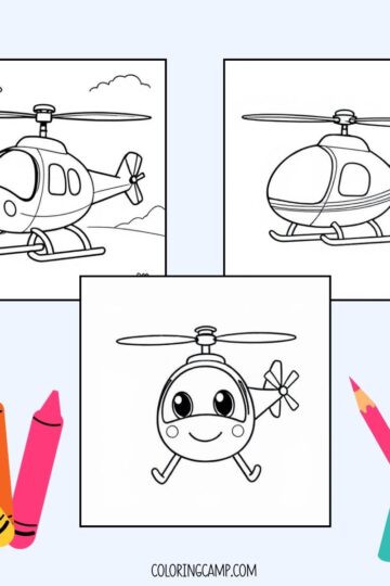 A mock up of Helicopter themed coloring pages with crayon graphics around it.