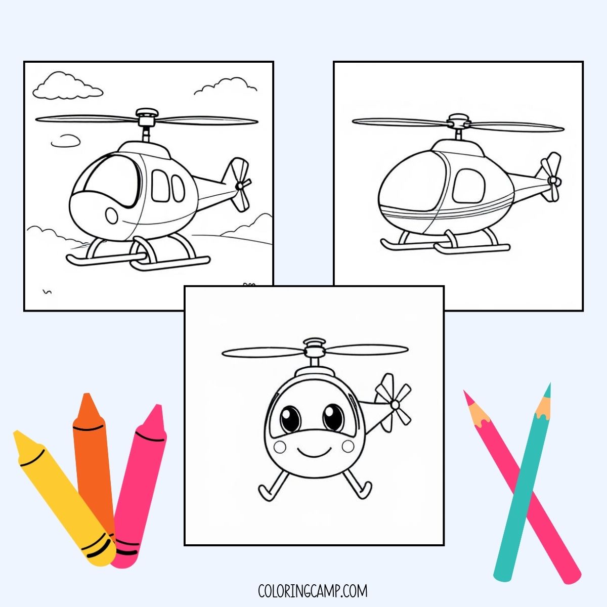 A mock up of Helicopter themed coloring pages with crayon graphics around it.