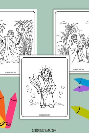 A mock up of Palm Sunday themed coloring pages with crayon graphics around it.