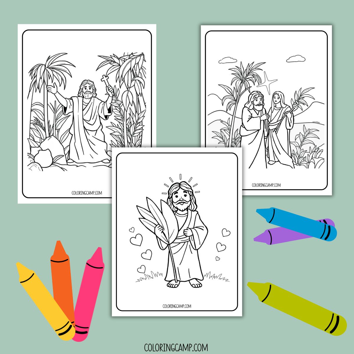 A mock up of Palm Sunday themed coloring pages with crayon graphics around it.