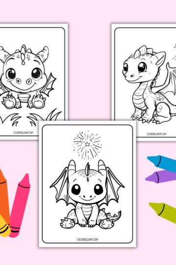 A mock up of cute dragon coloring pages with crayon graphics around it.