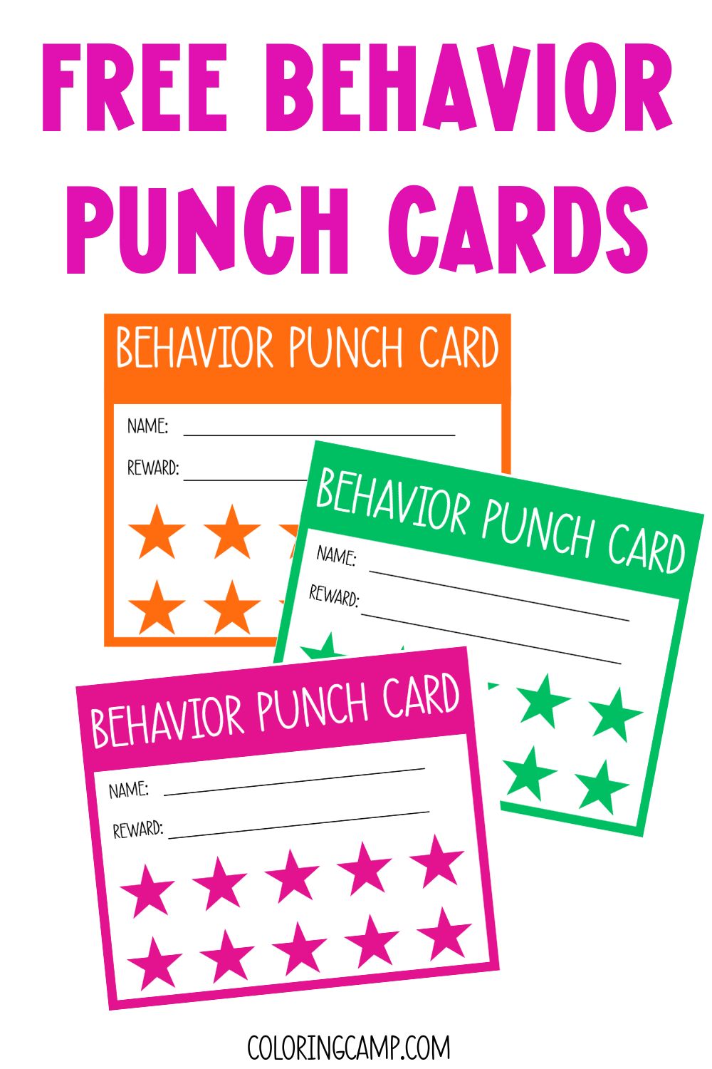 Text that says, "Free Behavior Punch Cards." Below the text are mock ups of three of the punch cards.