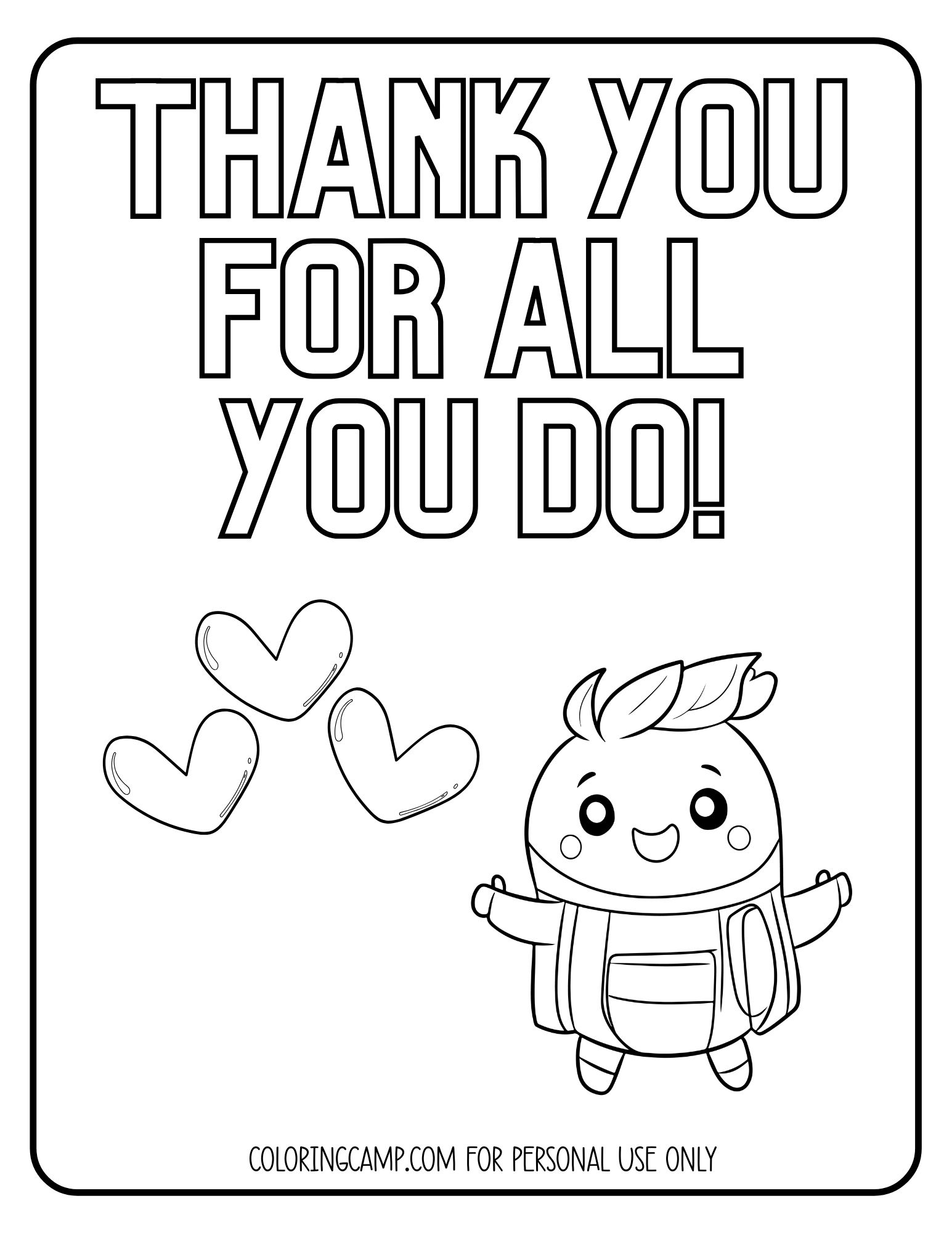 Para Appreciation Coloring Page that says, "Thank you for all you do." 
