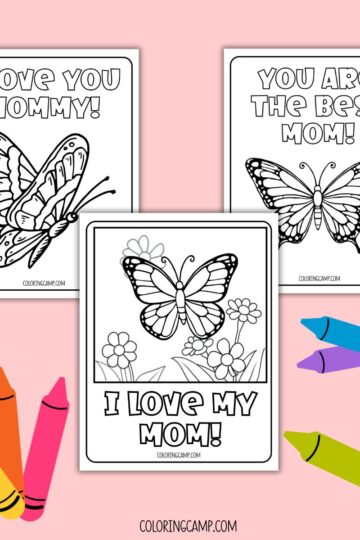 A Mock up showing three out of the five different Butterfly Mother's Day coloring pages from Coloring Camp.