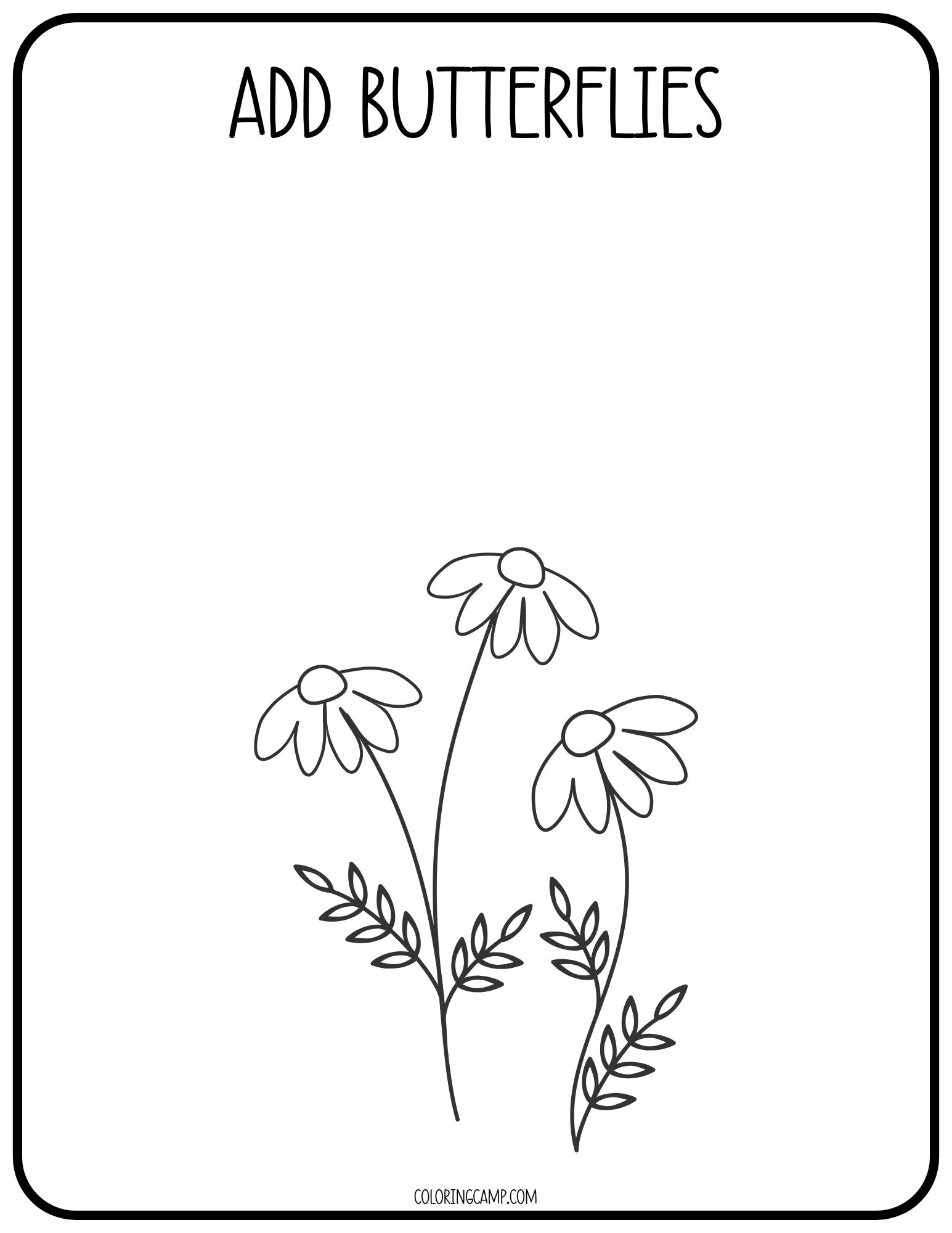 Finish the picture coloring page: Add butterflies.