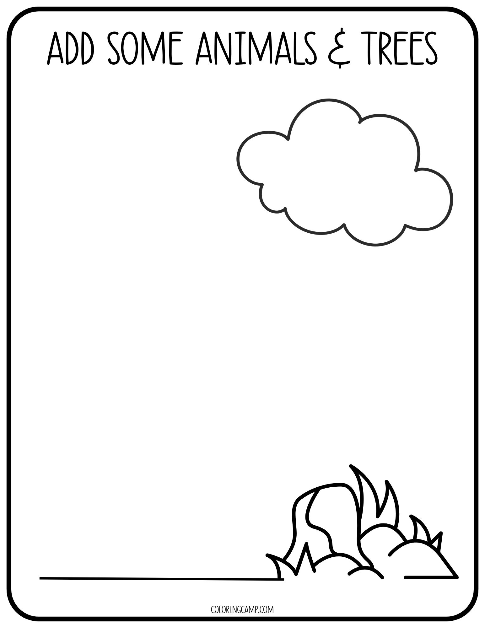 Finish the picture coloring page: add some animals and trees.