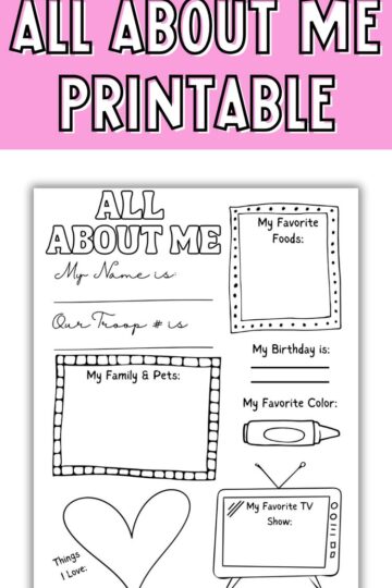 Text that says, "Girl Scout All About Me Printable." Below the text is a mock up of the free printable.