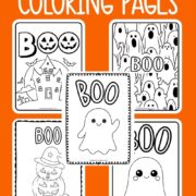 Text that says, "Halloween Boo Coloring Pages." Below the text are mock ups of the different Halloween Boo themed coloring pages with a picture of crayons beneath them.
