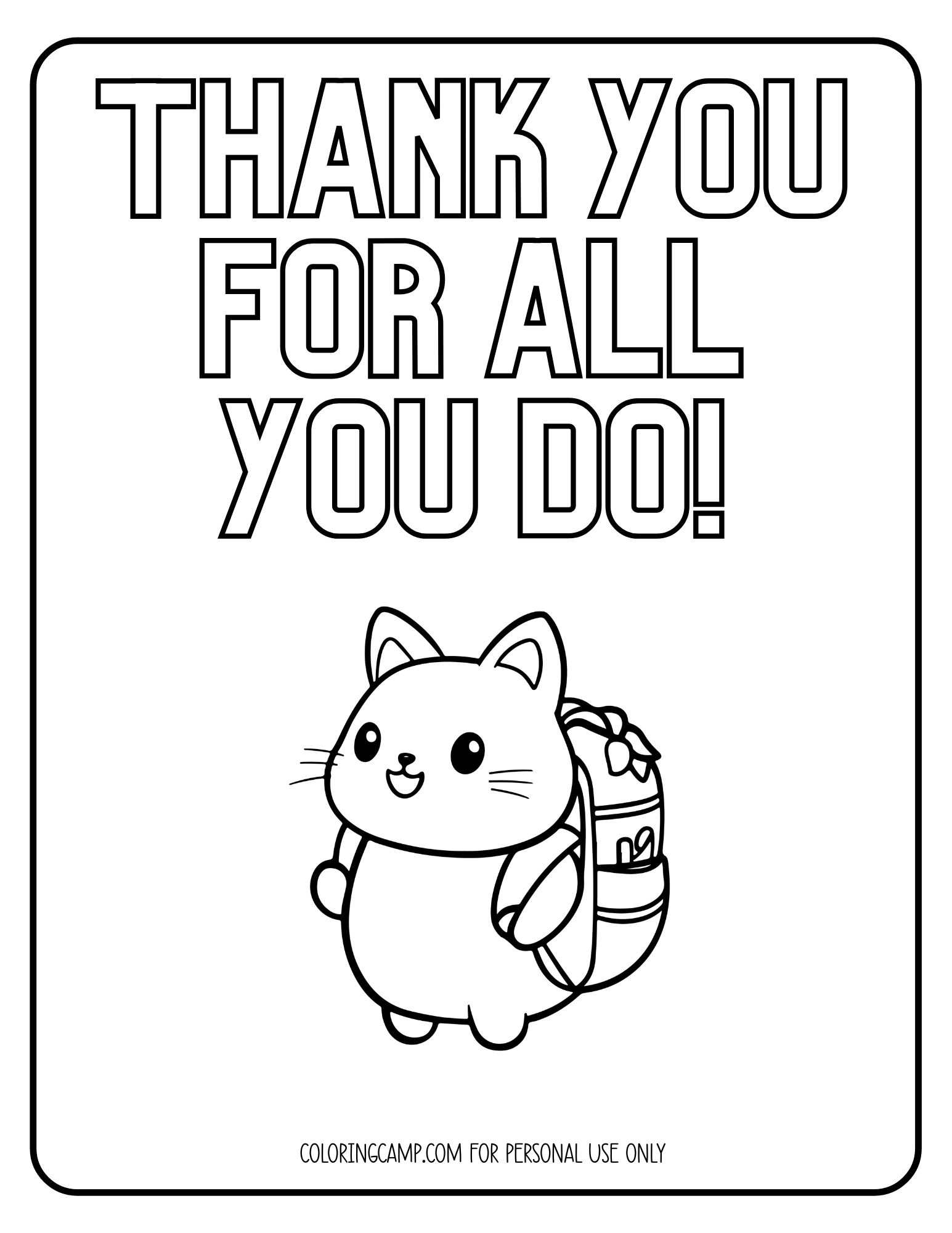 Coloring page for teacher that says, "Thank you for all you do."