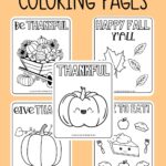 Text that says, "Thanksgiving Coloring Pages." Below the text are mock ups of some of the Thanksgiving coloring pages and a picture of crayons.