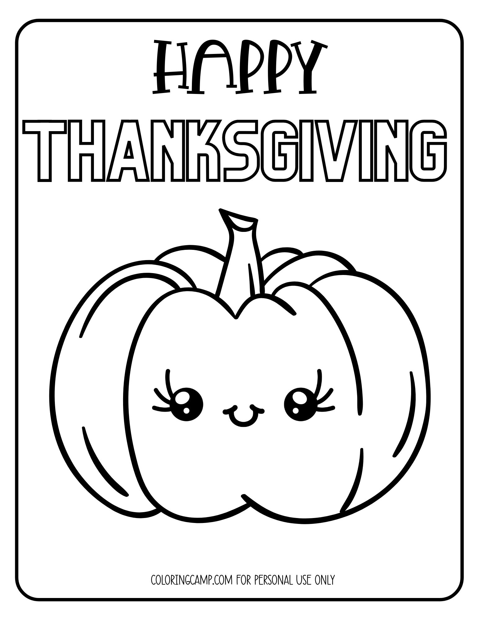 Thanksgiving themed coloring page of a pumpkin that says, "Happy Thanksgiving."