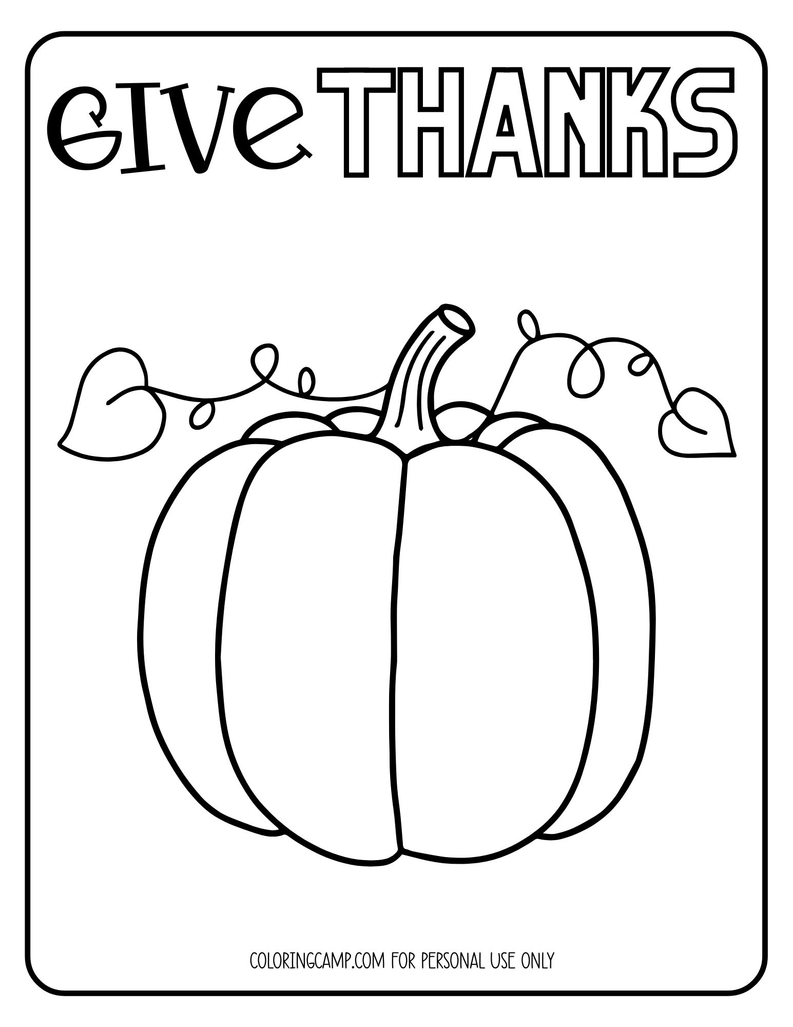 Thanksgiving themed coloring page of a pumpkin with a long vine that says, "Give Thanks."