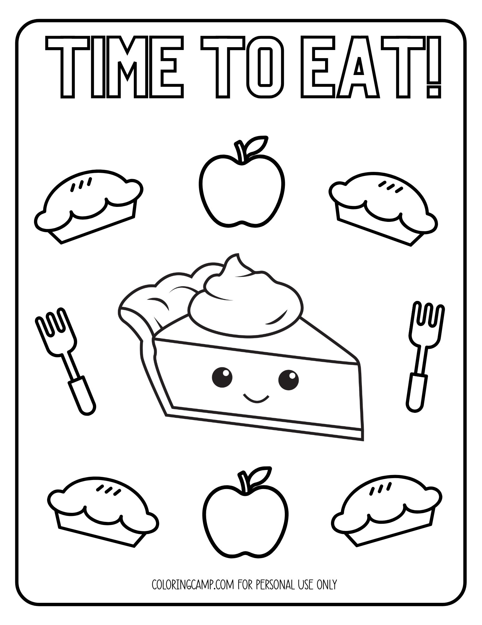 Thanksgiving themed coloring page of pies, apples, and forks that says, "Time to eat."