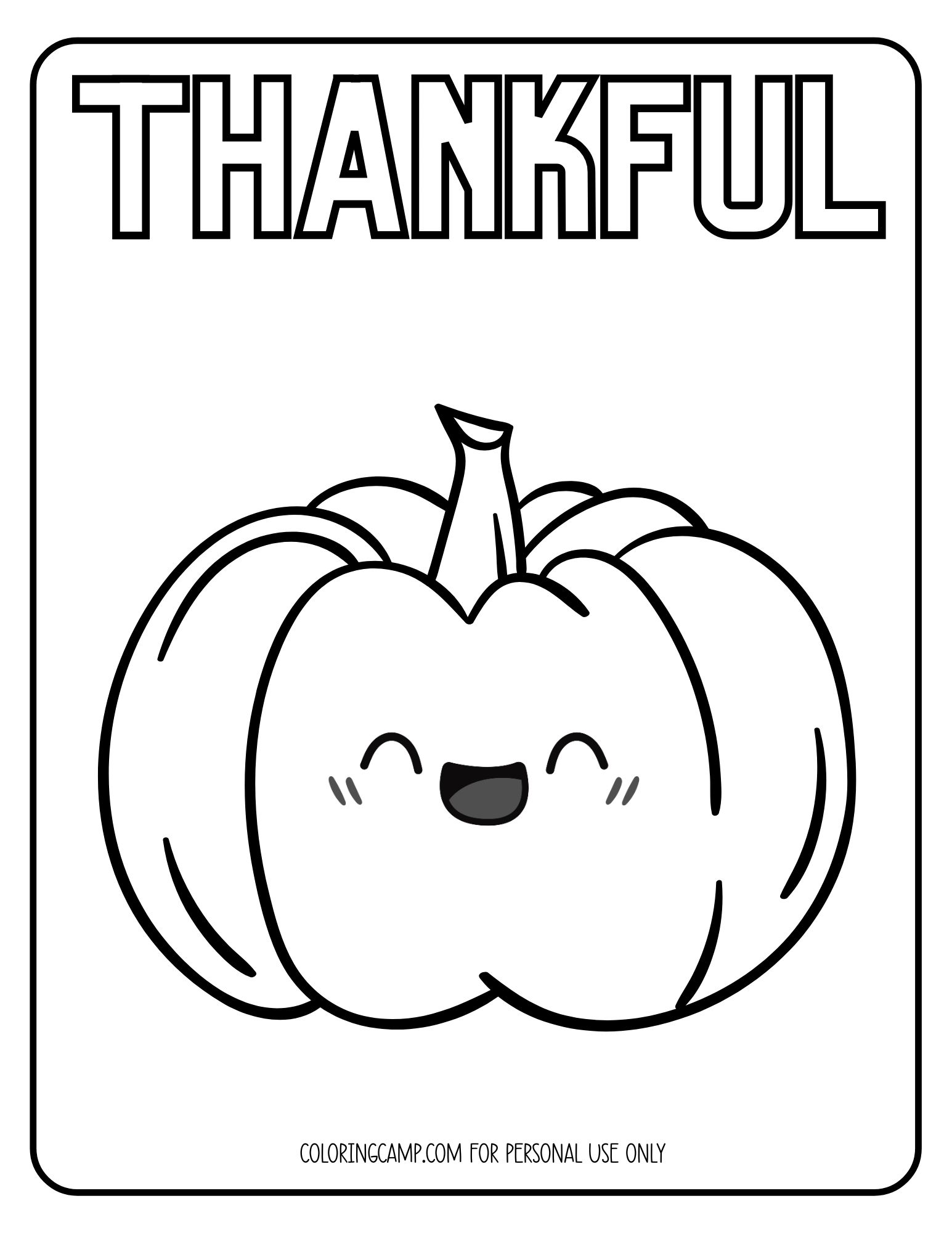 Thanksgiving themed coloring page of a pumpkin that says, "Thankful."
