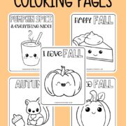 Text that says, "Fall Coloring Pages" below the text are mock ups of some of the coloring pages and a picture of crayons below them.