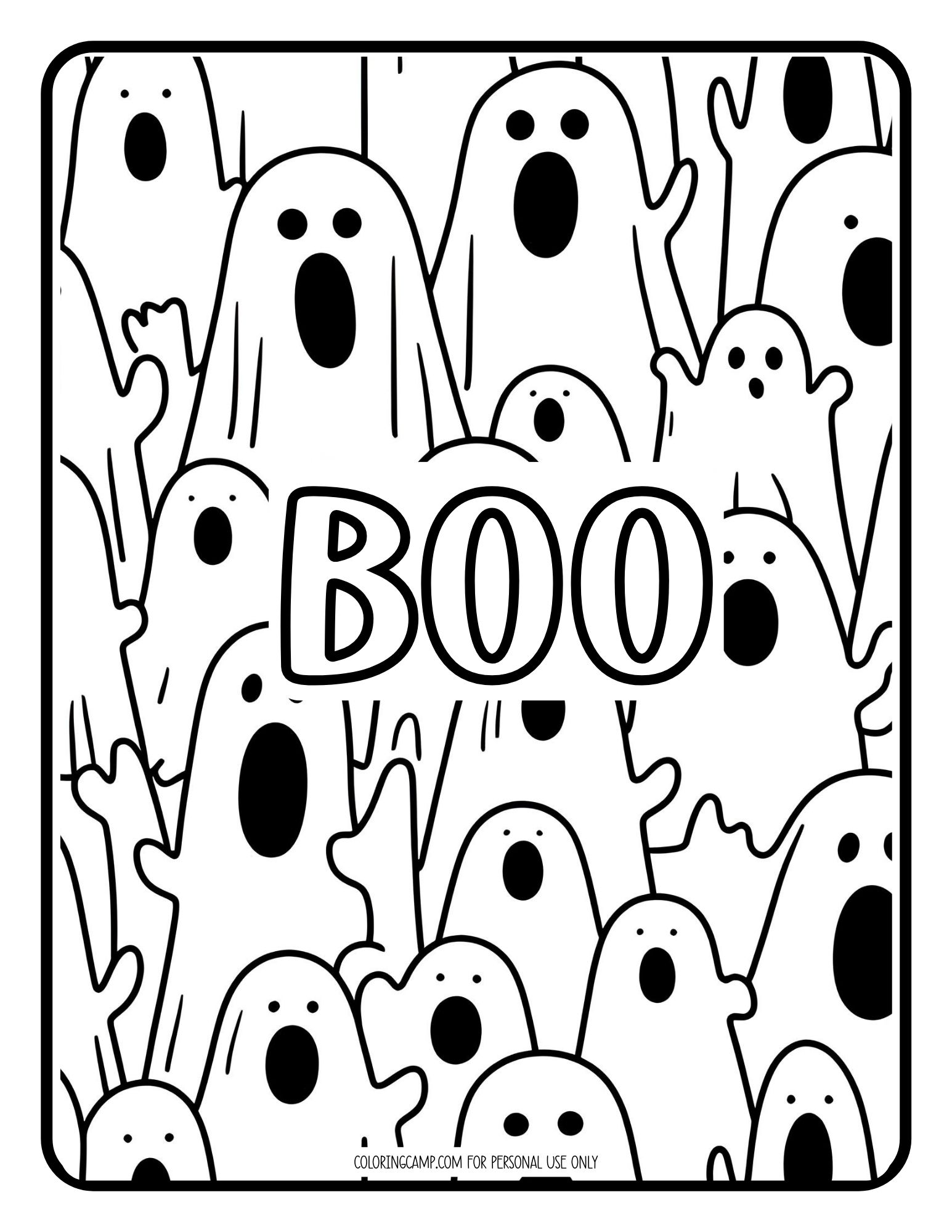 Halloween ghost themed coloring page that says, "Boo."