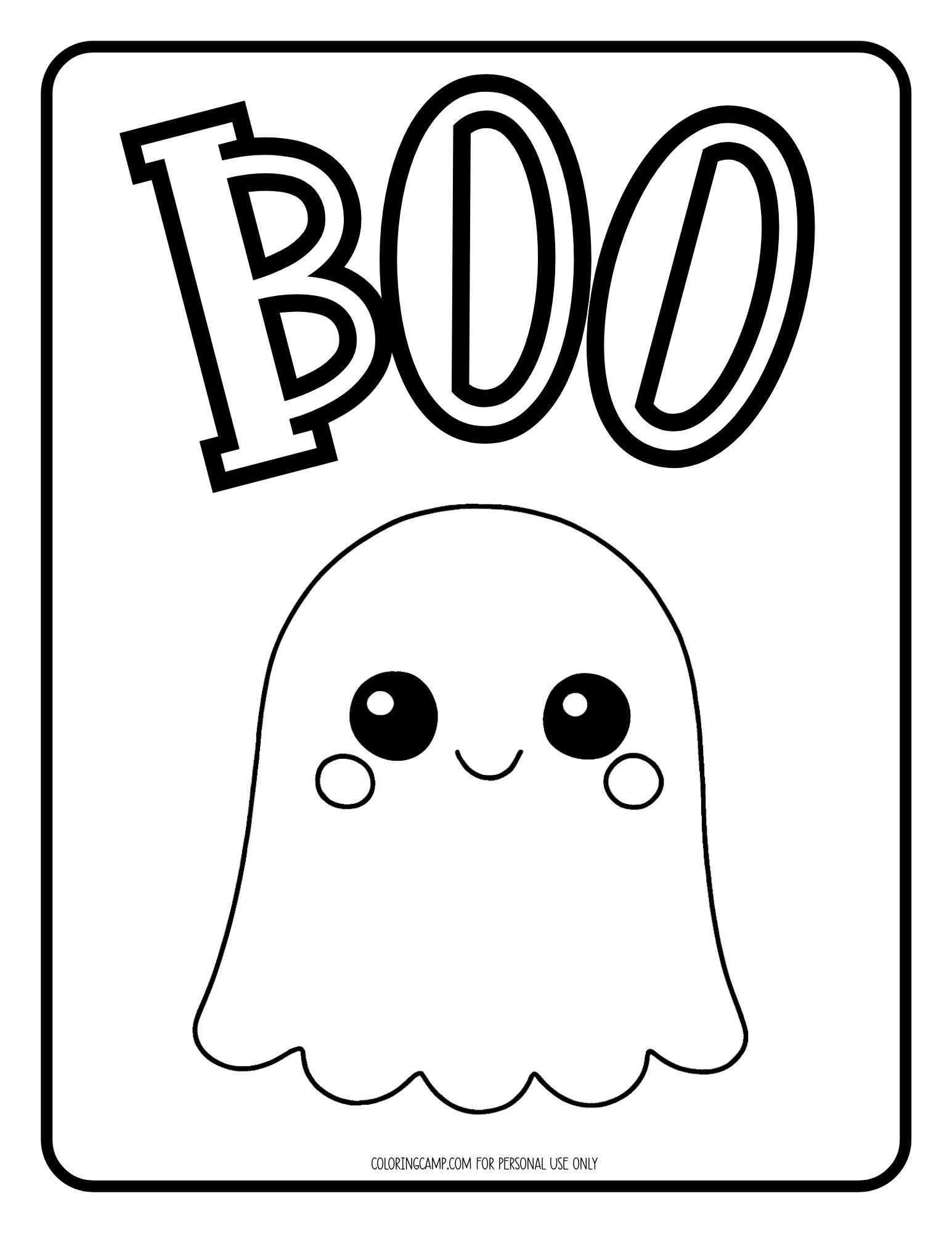 Halloween themed "Boo" coloring page with a kawaii style ghost.