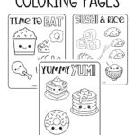 Text that says, "Kawaii Coloring Pages." Below the text are mock ups of some of the kawaii food coloring pages from Coloring Camp. There is an image of crayons below the mock ups.