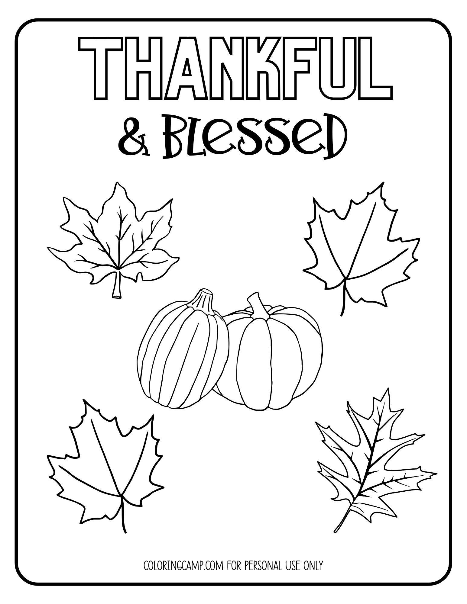 Thankful coloring page with leaves and pumpkins.