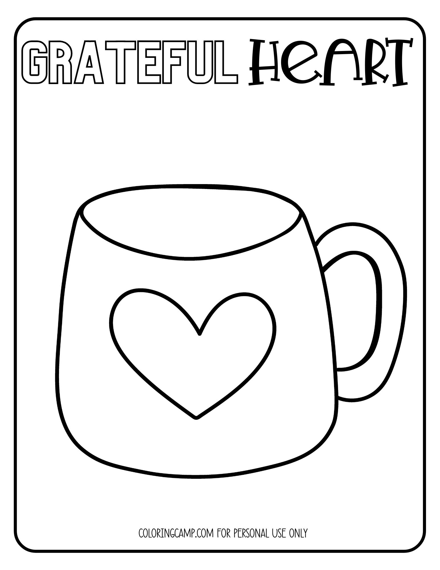 Grateful heart coloring page with a mug.