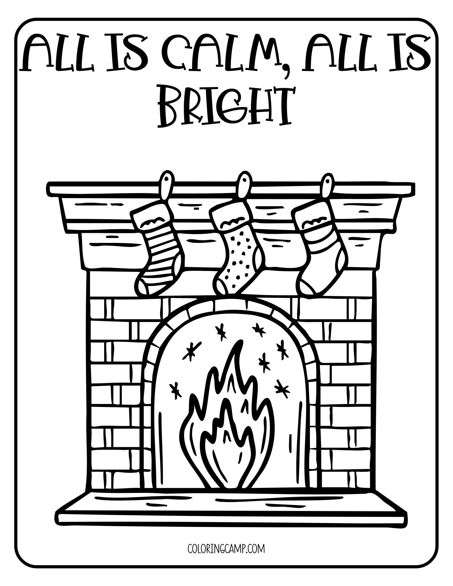 All is calm, all is bright fireplace coloring page.