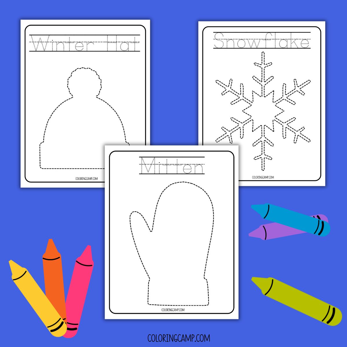 Winter themed tracing worksheet mock ups with crayons around them from Coloring Camp.