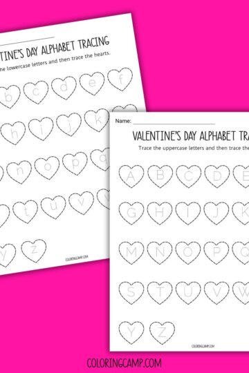 Mock ups of the printable Valentine's Day theme alphabet tracing worksheets from coloring camp.