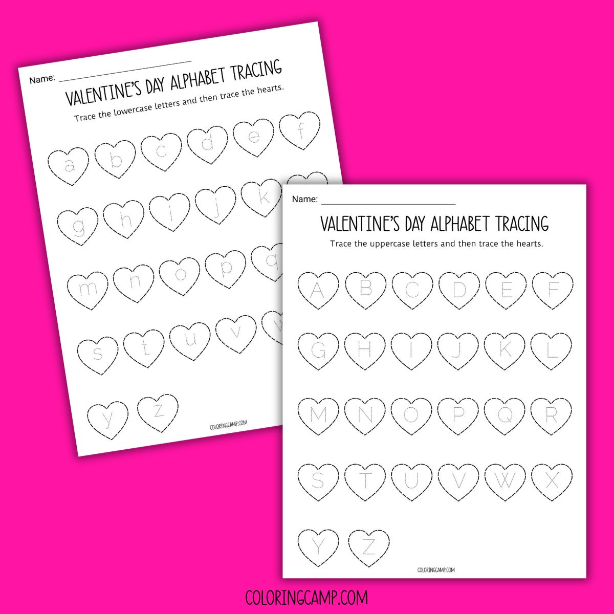 Mock ups of the printable Valentine's Day theme alphabet tracing worksheets from coloring camp.