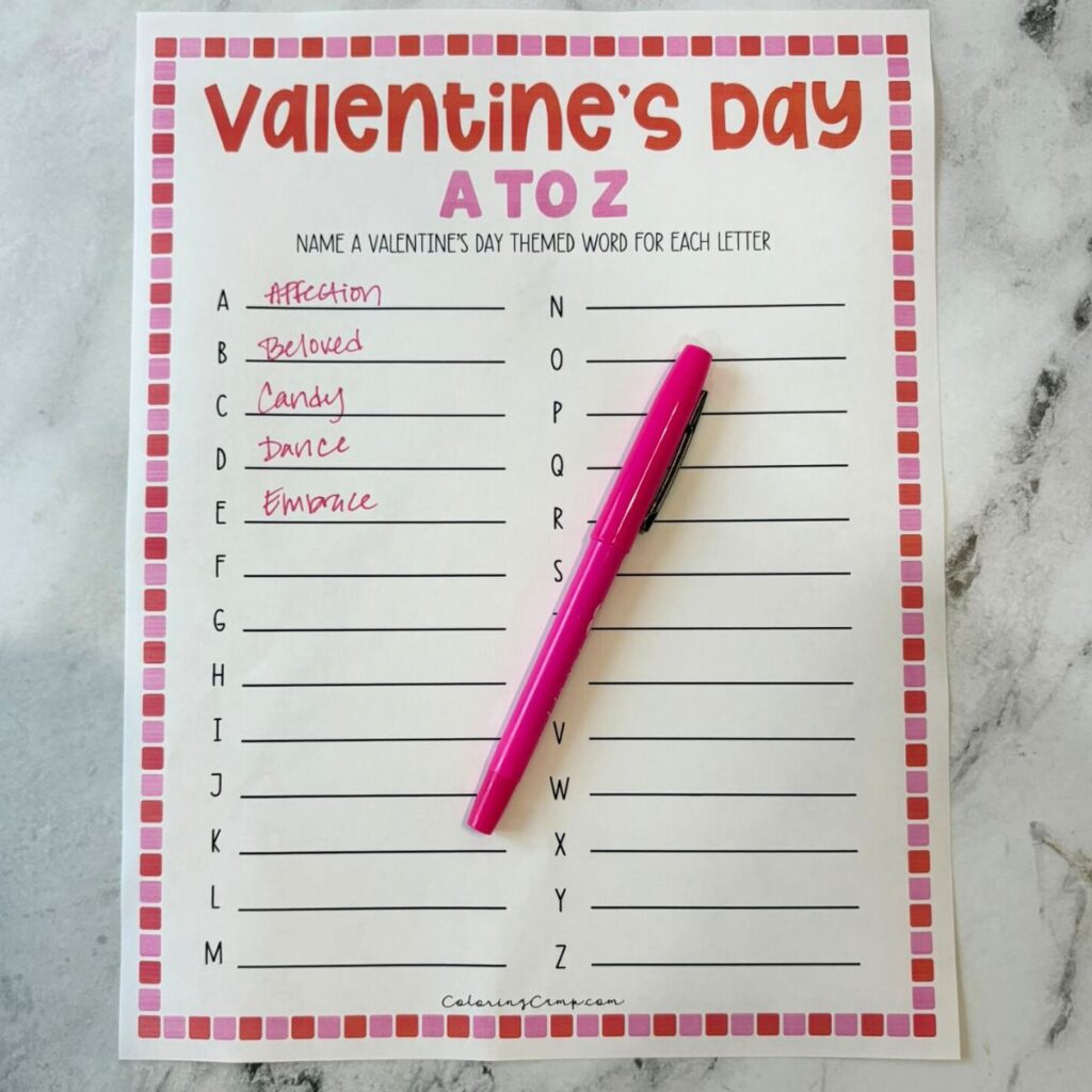 Valentine's Day A to Z Printable | www.coloringcamp.com