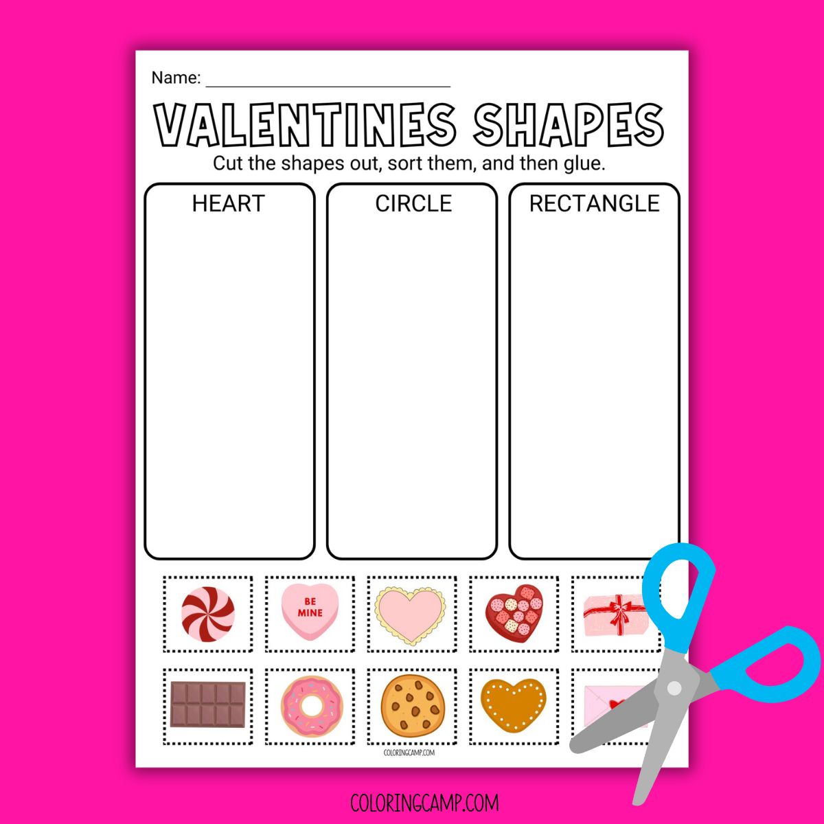 Mock up of the Valentine's Day Cut and Paste Worksheet from Coloring Camp.