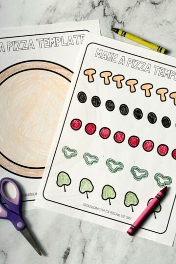 A photograph of the printable pizza craft templates on a marble background.