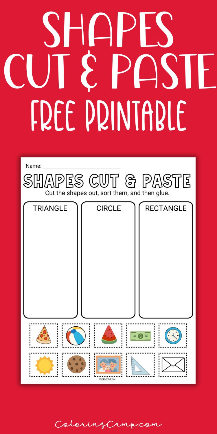 Text that says, "Shapes Cut & Paste free printable" below is a mock up of the