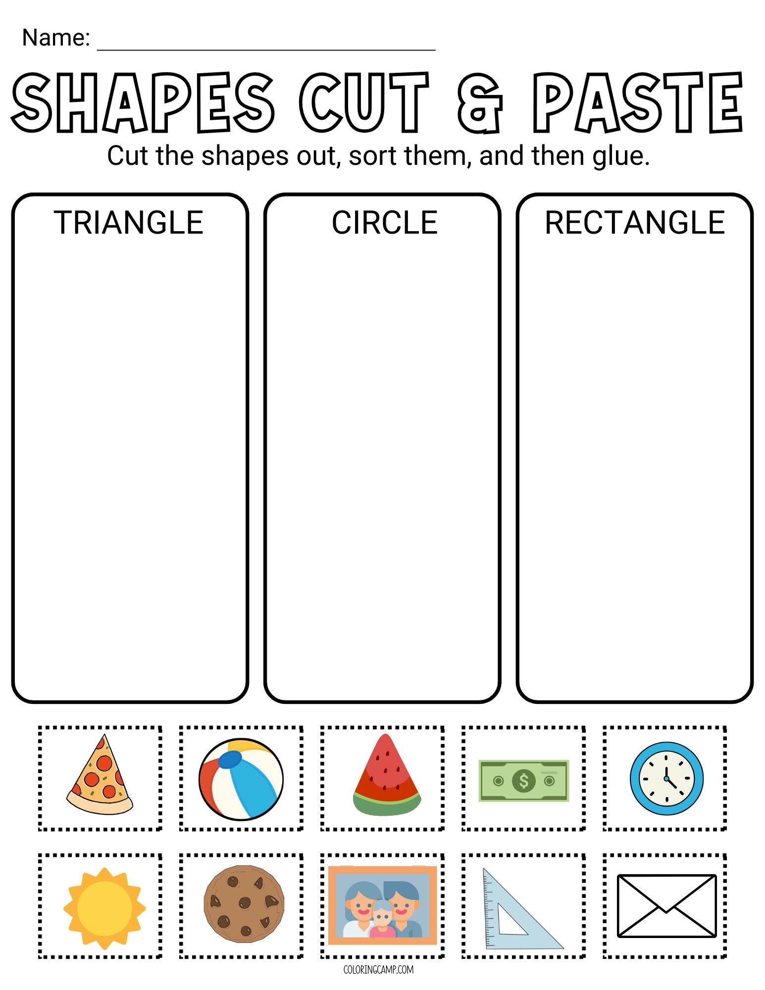 Shapes cut and paste worksheet from Coloring Camp.