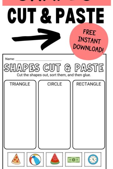 Text that says, "Shapes Cut & Paste free instant download" below is a mock up of the worksheet.