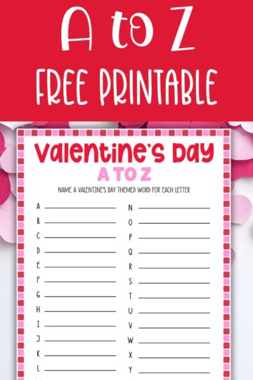 An image with text that says, "Valentines A to Z free printable" below is a mock up of the printable Valentine's Day A to Z game.