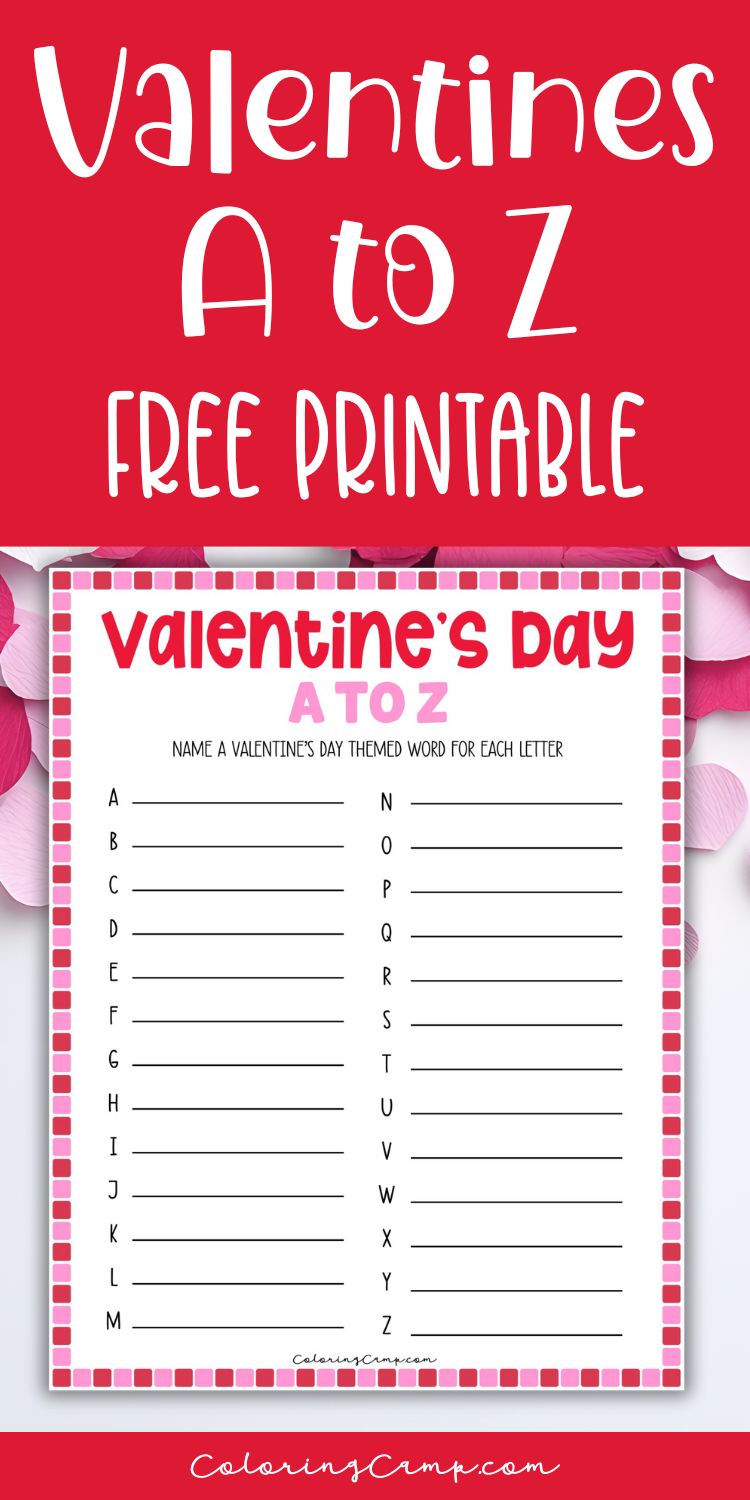 An image with text that says, "Valentines A to Z free printable" below is a mock up of the printable Valentine's Day A to Z game.