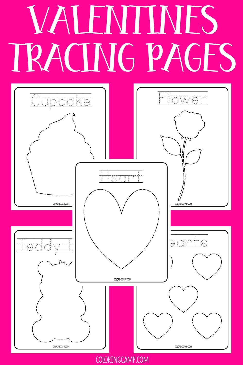 Text that says Valentines Tracing Pages below are mock ups of the free printable Valentine's Day themed tracing printables.
