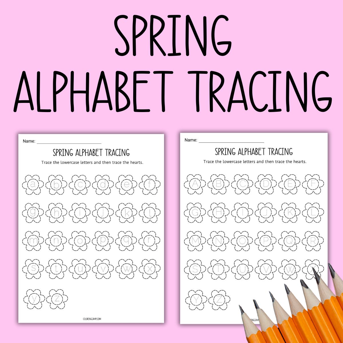 Text that says "Spring Alphabet Tracing" below the text are mock ups of the spring themed alphabet tracing worksheets.