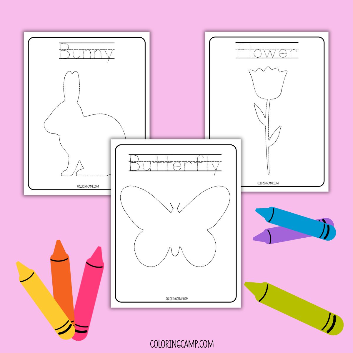 Mock ups of the Spring Tracing Worksheets from Coloring Camp.