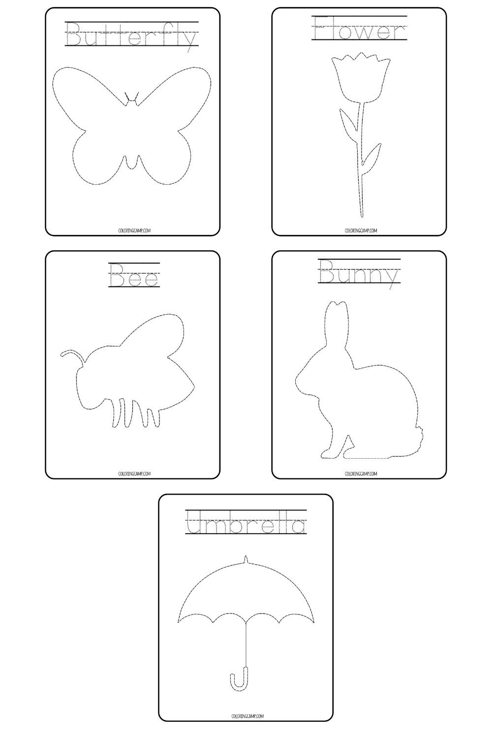 Mock ups of the Spring Tracing Worksheets from Coloring Camp.