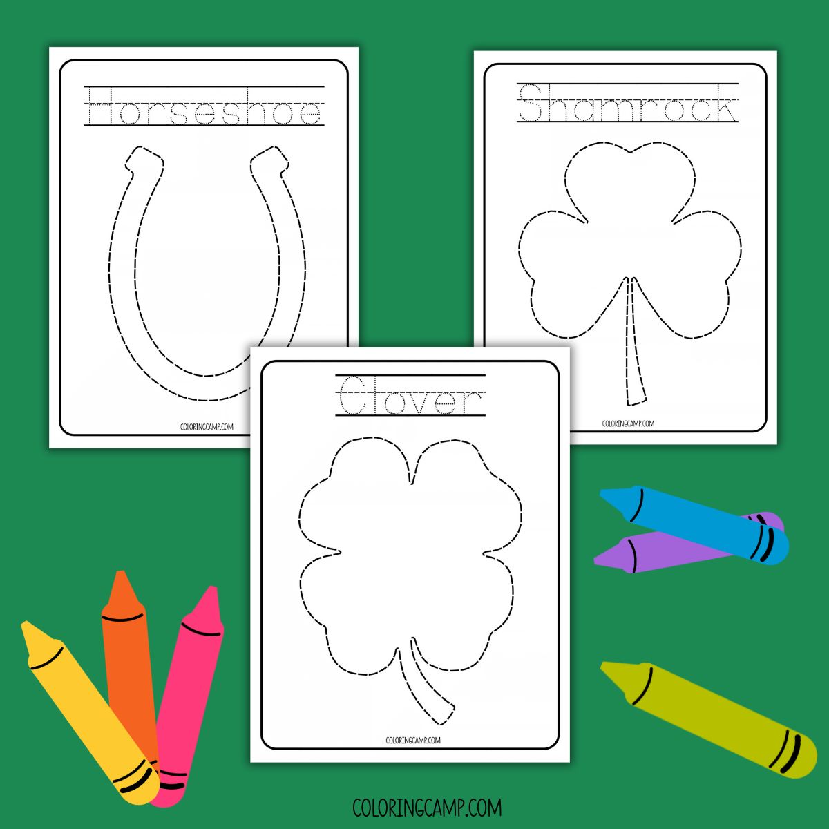 Mock ups of the St Patrick's Day tracing worksheets from Coloring Camp.