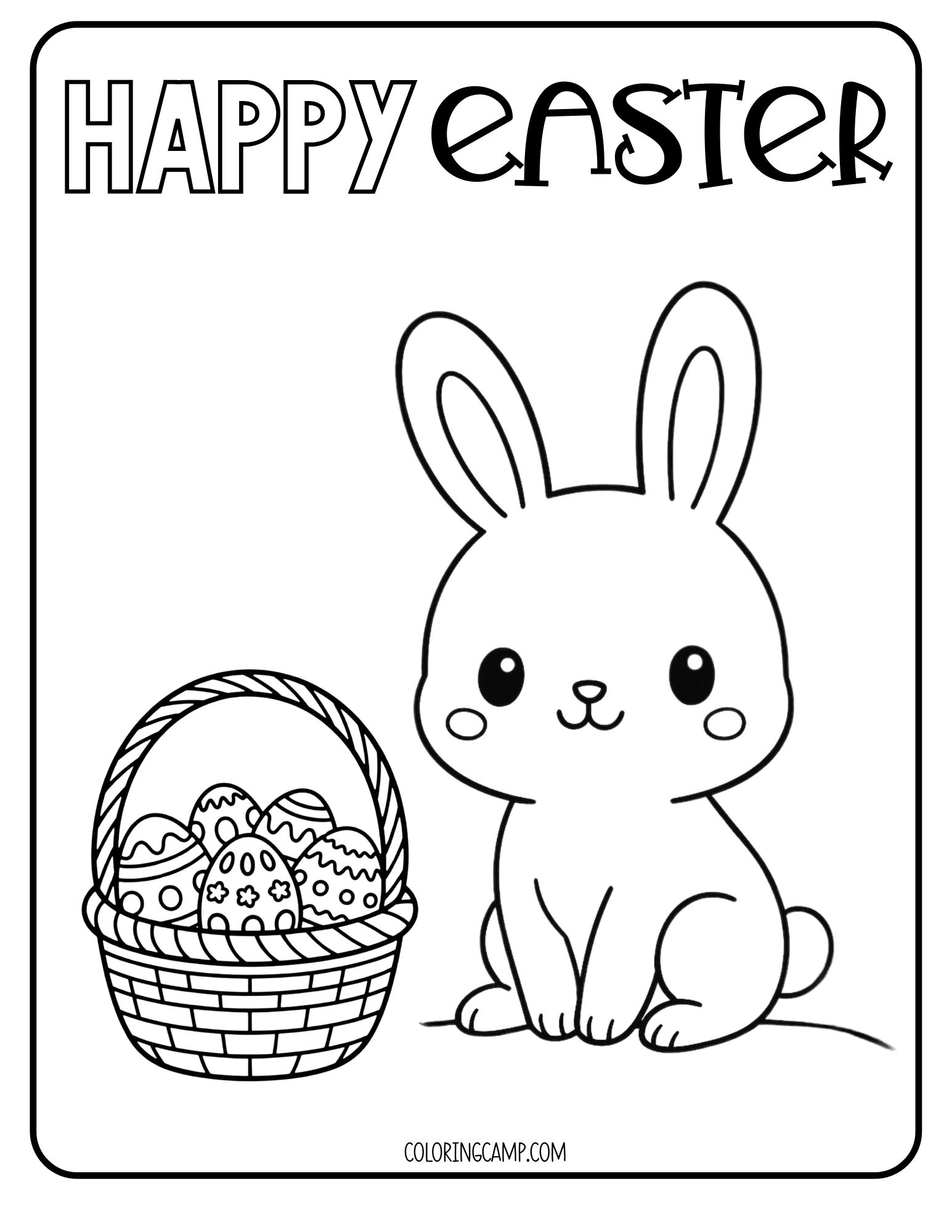 A coloring page that says, "Happy Easter" with a bunny and an Easter basket.