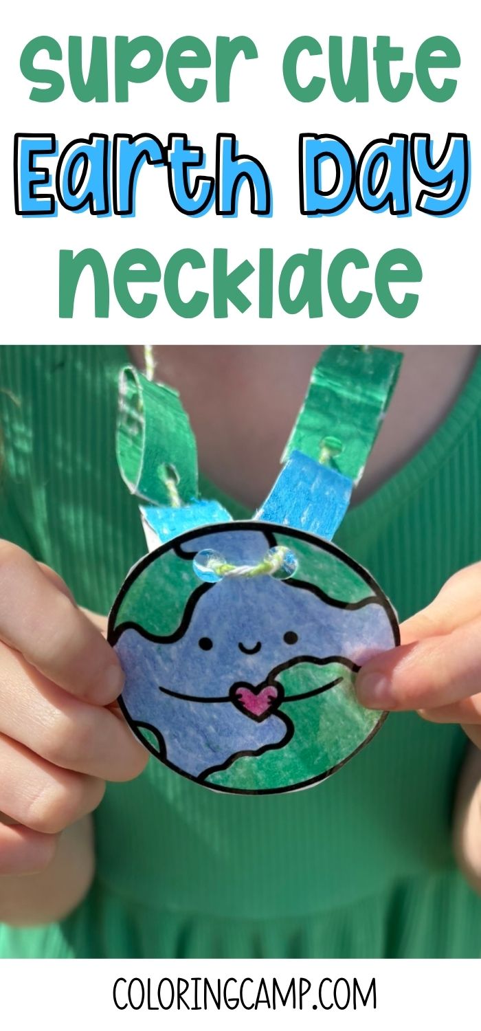 Text that says, "Super Cute Earth Day Necklace" below the text is a photo of a child holding their Earth Day necklace.