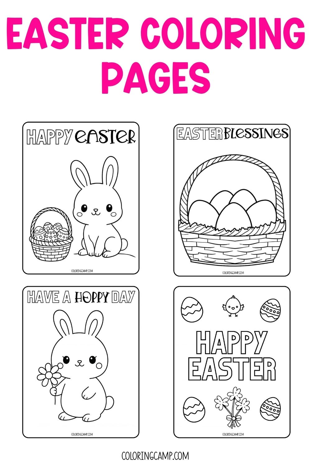 Text that says, "Easter Coloring Pages." Below the text are mock ups of some of the cute Easter coloring pages from Coloring Camp.