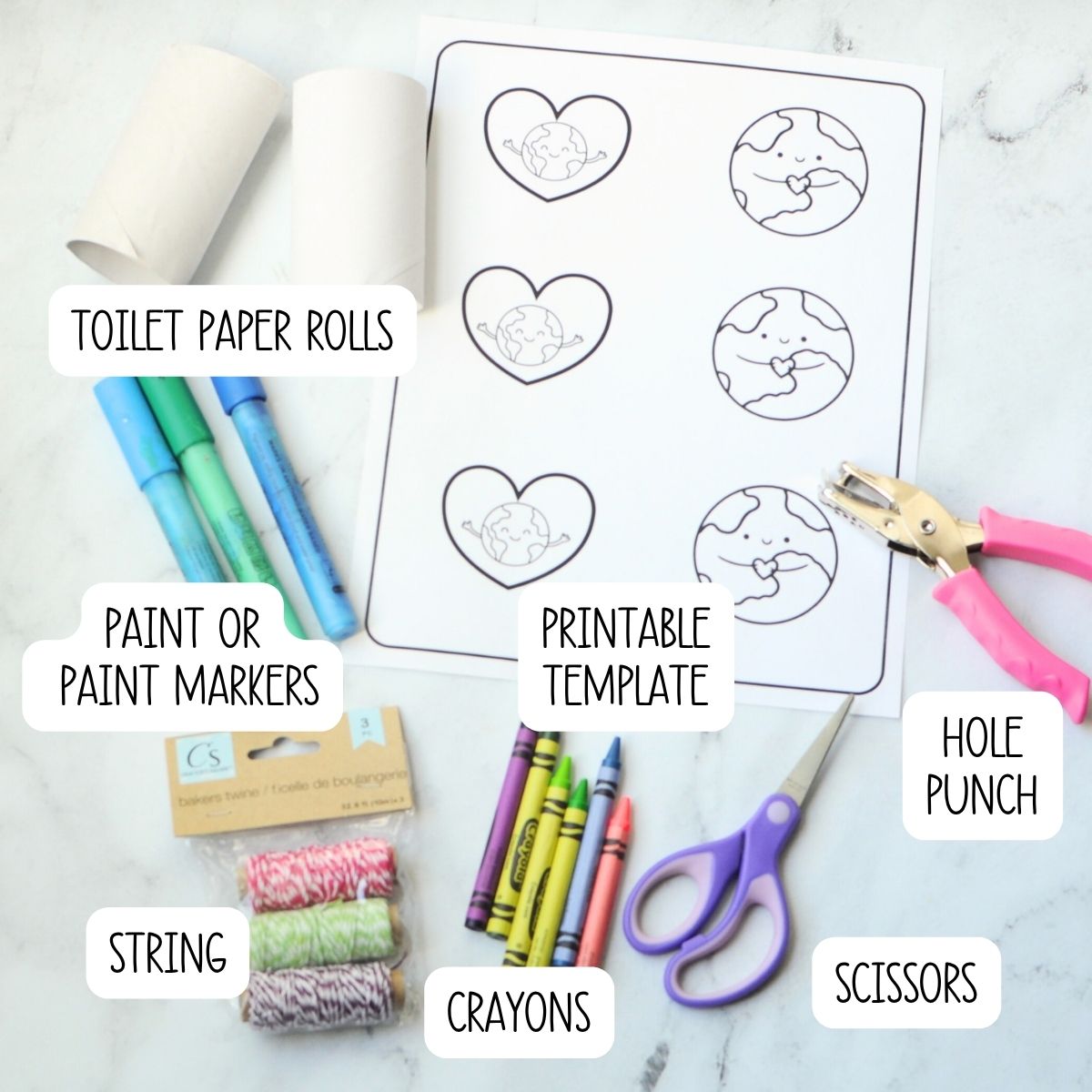 The supplies needed to make an Earth Day necklace craft.