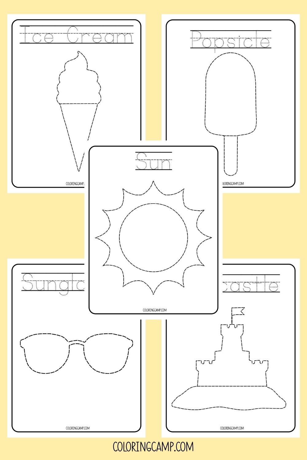 Free printable summer tracing worksheets from Coloring Camp.