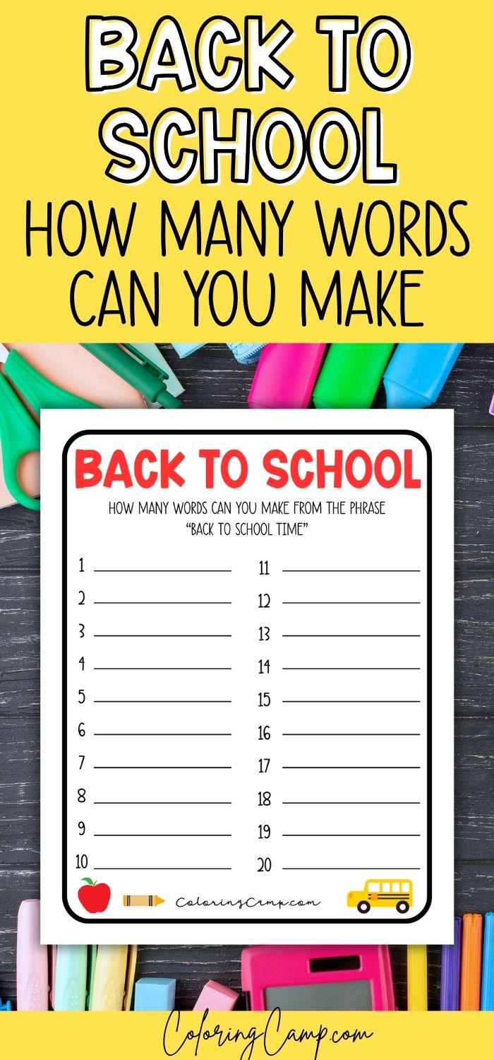 Text that says, "Back to school how many words can you make" below the text is a mock up of the printable.