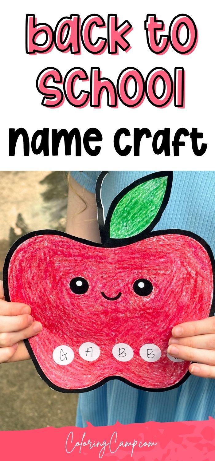 Text that says, "back to school name craft" below is a child holding an apple name craft.