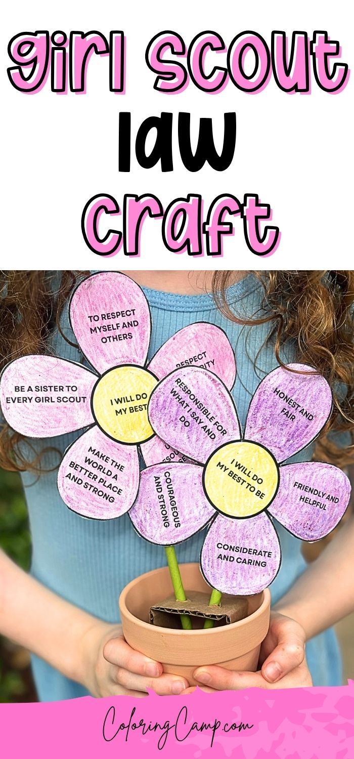 Text that says, "Girl Scout Law Craft." Below the text is a photo of a girl holding the flower pot craft each petal of the flower has a Girl Scout Law principle.