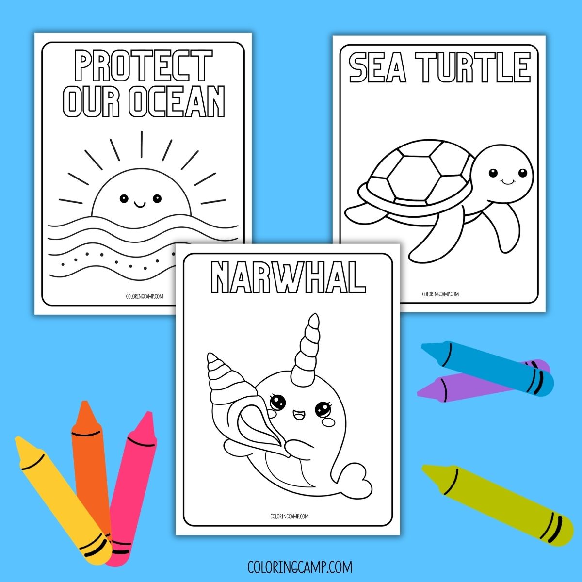Kawaii ocean coloring page mock up